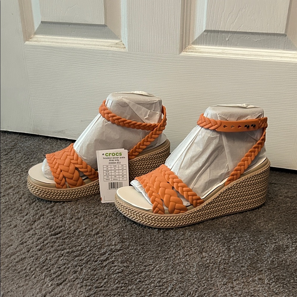 CROCS Women's Orange Braided Wedges
